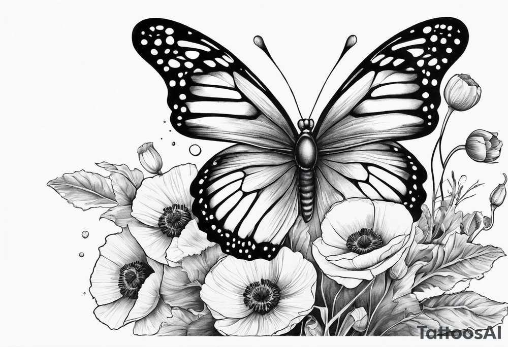 Butterfly with poppies INSIDE the top part of the wings. Bottom part should be left exactly like a butterfly tattoo idea