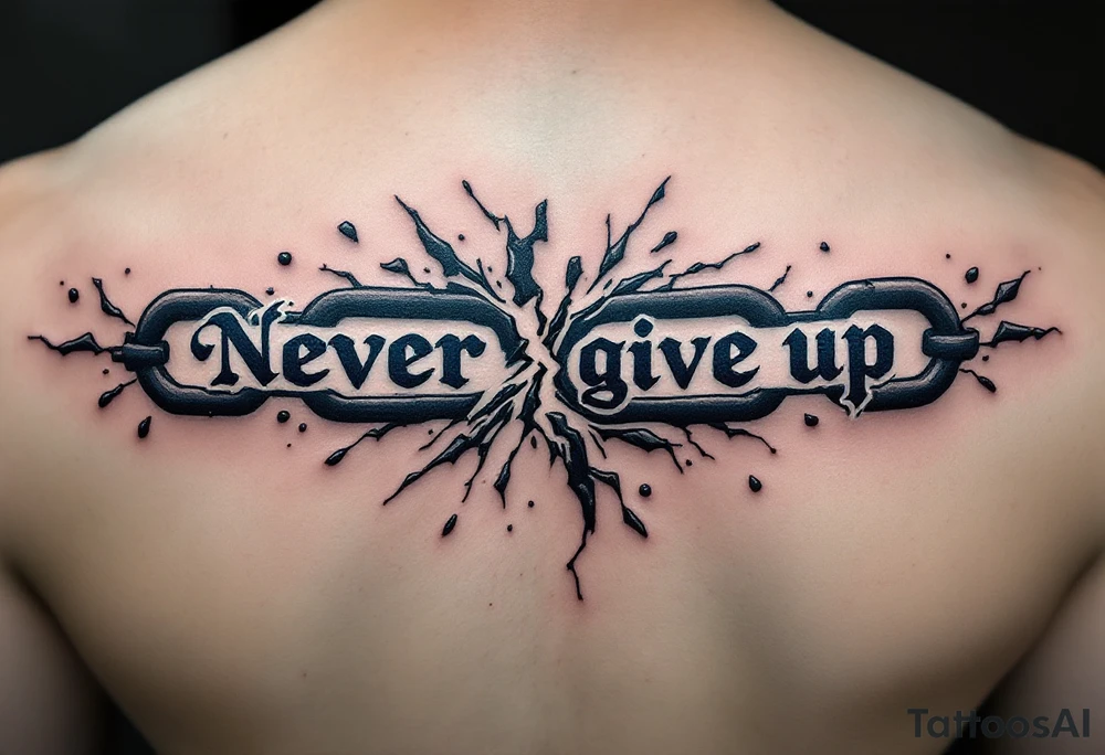 A cracked chain breaking across the phrase "never give up", done in dark gray and iron blue. tattoo idea