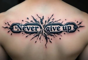 A cracked chain breaking across the phrase "never give up", done in dark gray and iron blue. tattoo idea
