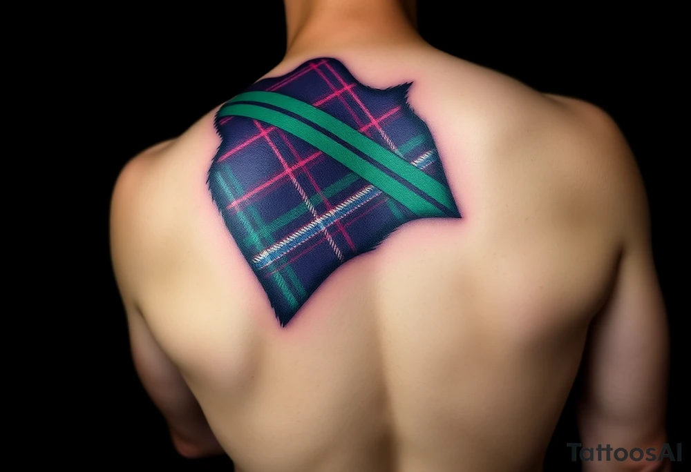 Dark Purple with green pink blue and white highlights tartan fabric with skin around edges peeling and wrapping around side of shoulder tattoo idea