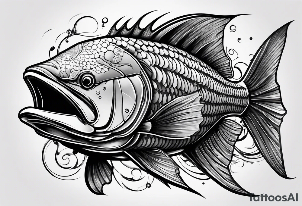 "A large aggressive looking fish riding in war machine, with bold lines tattoo idea