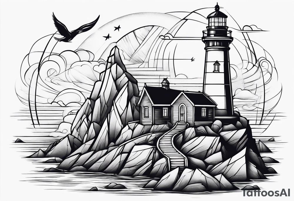 A lighthouse mixed with an anchor and a compass rose tattoo idea