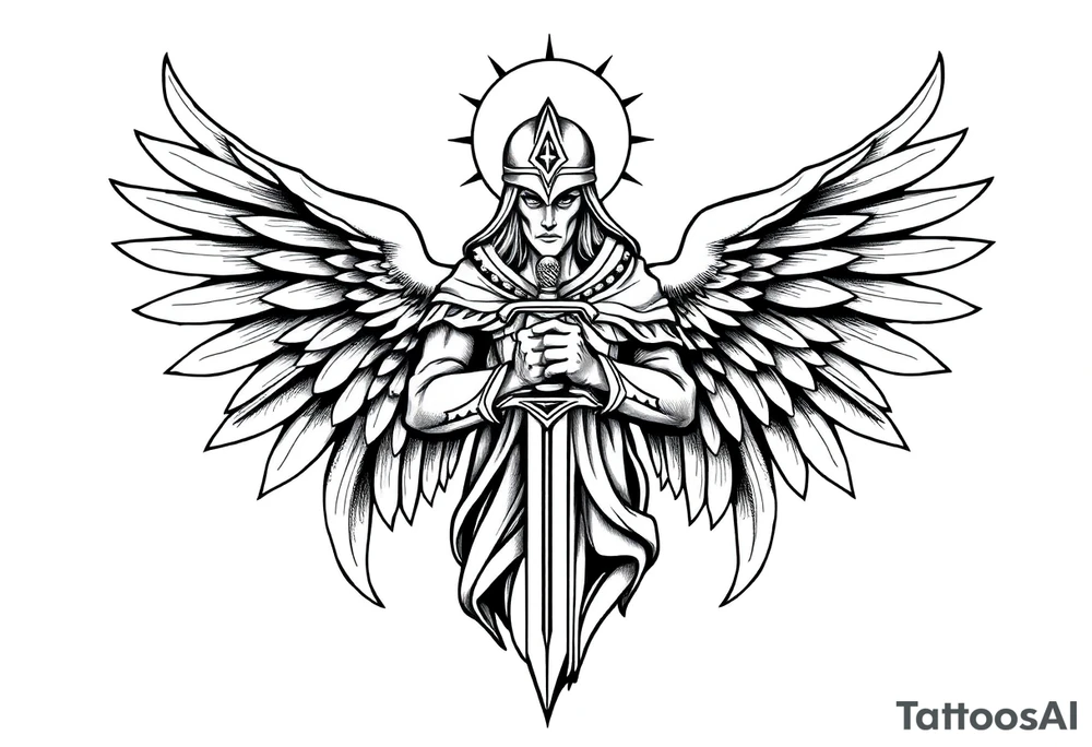 Holy Archangel, Biblical, Christianity, Hebrew, Guards of Christianity, Holding a sword, having six wings, wearing helmet, halo, seraphim, seek justice, walk only with God tattoo idea
