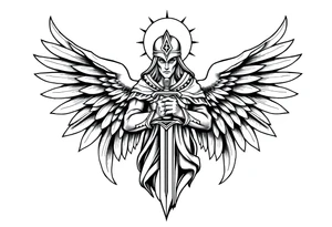 Holy Archangel, Biblical, Christianity, Hebrew, Guards of Christianity, Holding a sword, having six wings, wearing helmet, halo, seraphim, seek justice, walk only with God tattoo idea