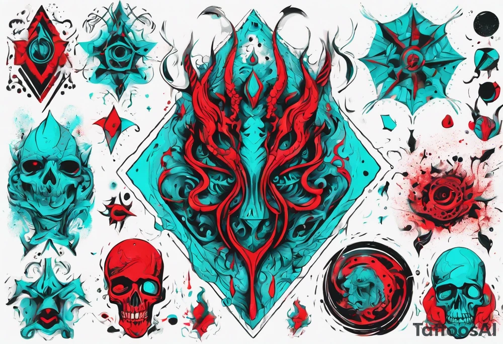 an art in the style of abstract, lovecraft, textured pigment planes, red and cyan, stencil art tattoo idea