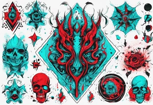 an art in the style of abstract, lovecraft, textured pigment planes, red and cyan, stencil art tattoo idea