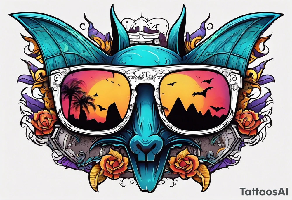 Colorful hieroglyph wearing sunglasses with bats water and stalagmites tattoo idea