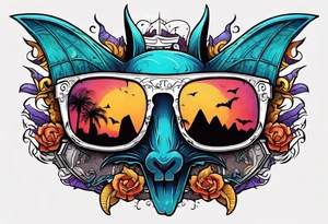 Colorful hieroglyph wearing sunglasses with bats water and stalagmites tattoo idea