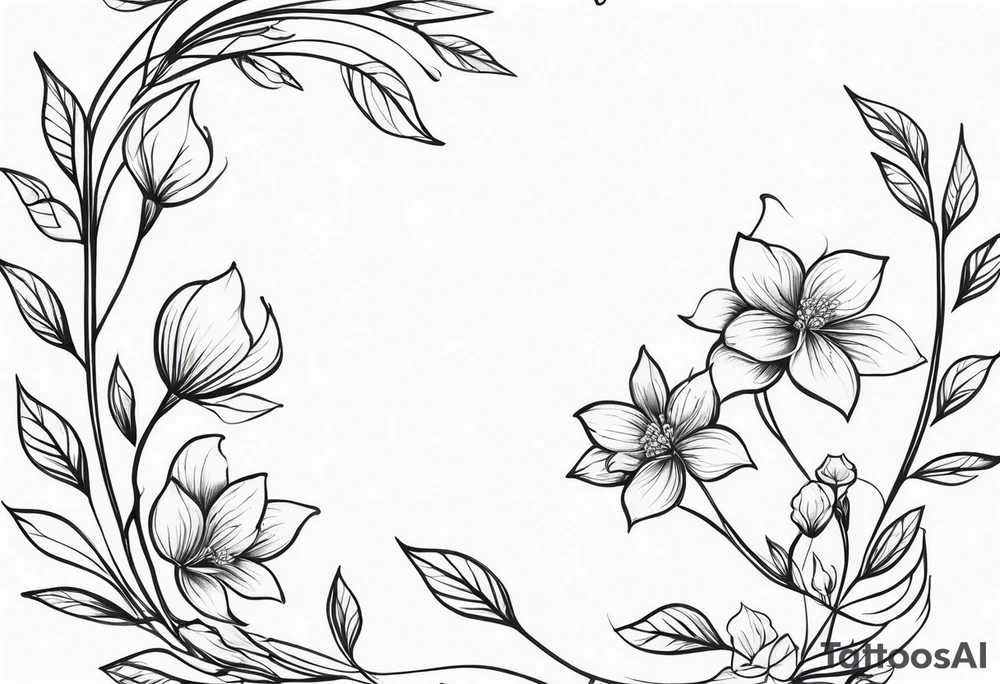 Design an ornamental tattoo featuring a single stem with delicate leaves and blossoms, using thin lines for a refined look. tattoo idea