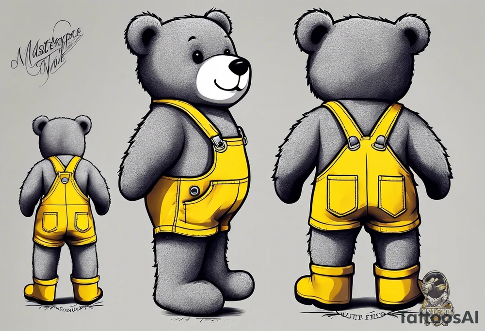 the back of a grey teddy bear standing in yellow overalls, no shirt and striped boots tattoo idea
