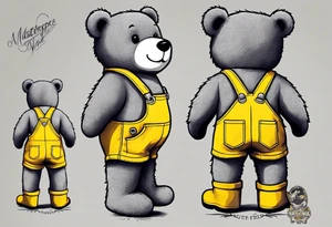 the back of a grey teddy bear standing in yellow overalls, no shirt and striped boots tattoo idea