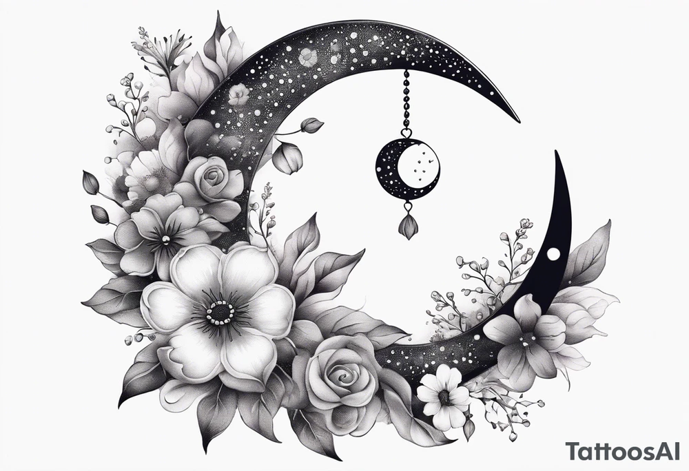 Crescent moon with a heart inside, shrouded by beautiful flowers with wisps of mist tattoo idea