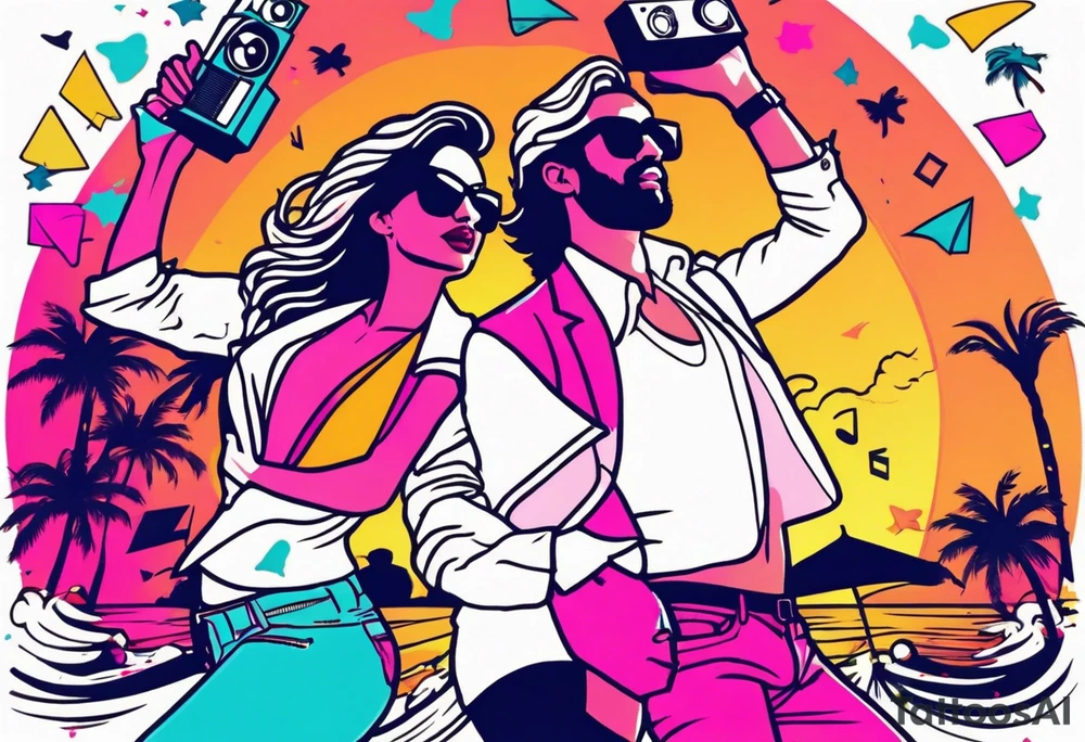 1980's miami vice style beach dance 
party, include confetti, music notes, boom box, bikinis sunset in the center tattoo idea