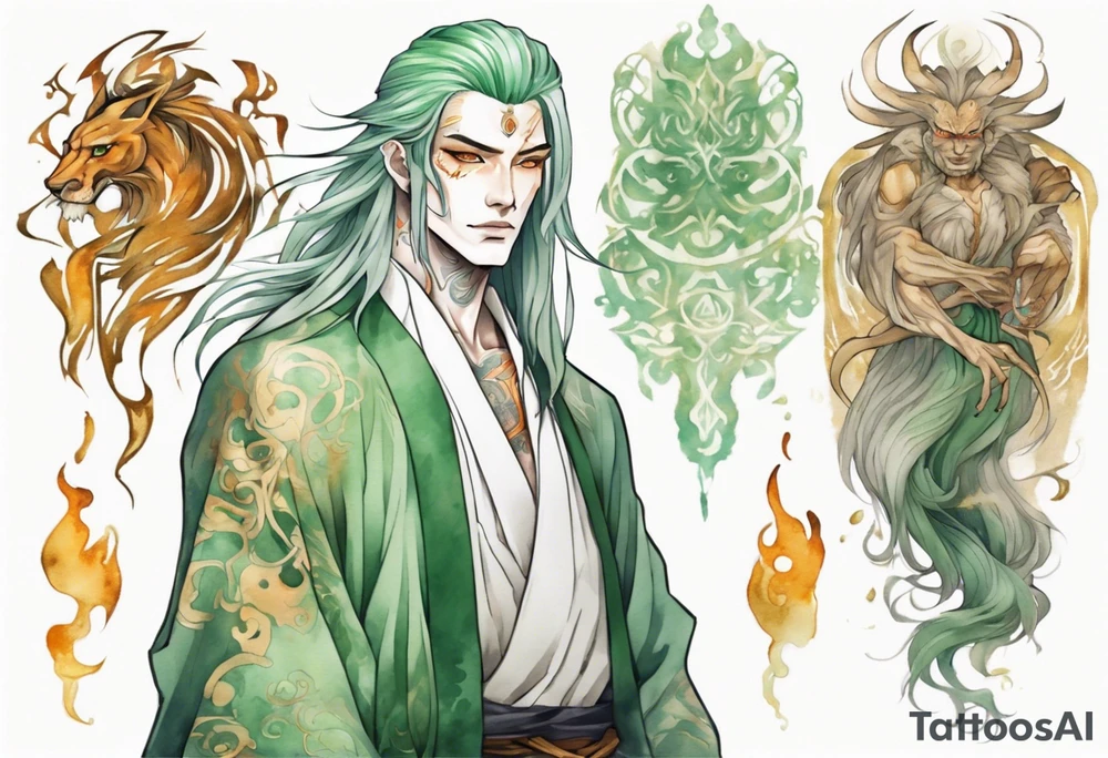 A tall beautiful man with pale green skin and long hair of green and gold and auburn and silver with amber eyes tattoo idea