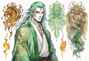A tall beautiful man with pale green skin and long hair of green and gold and auburn and silver with amber eyes tattoo idea