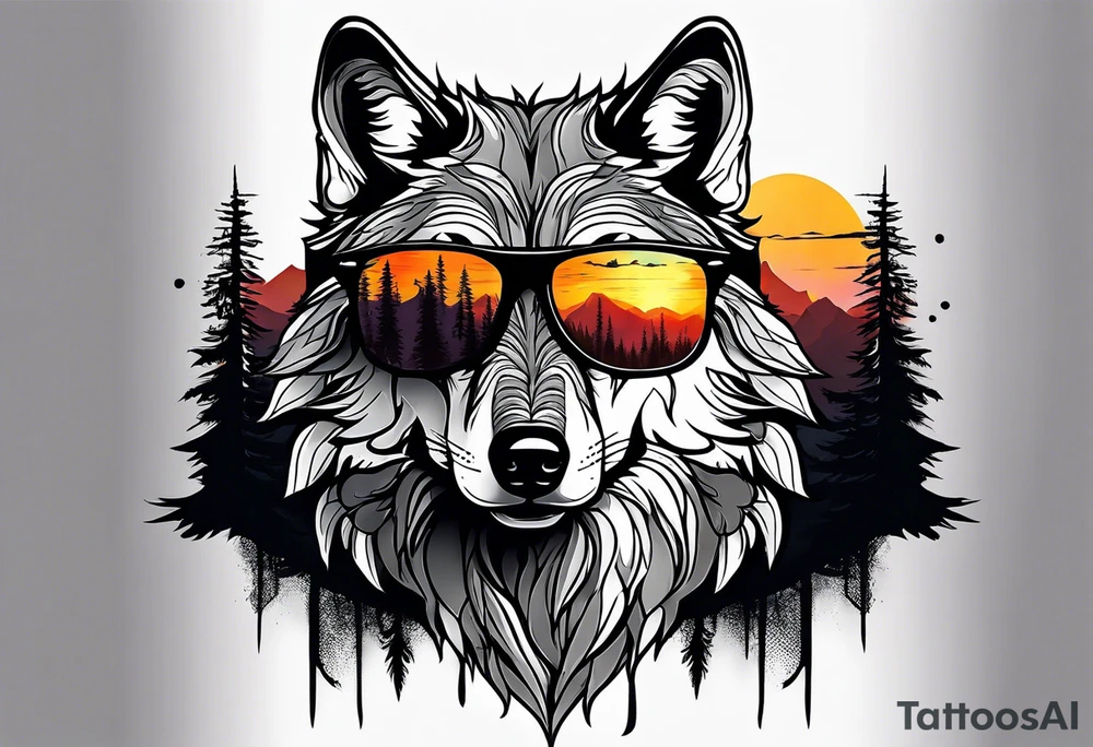 Badass wolf wearing sunglasses
Dark woods
Mountain peaks
Sunset tattoo idea