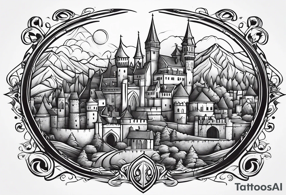 medieval tribal city land vignette tattoo idea