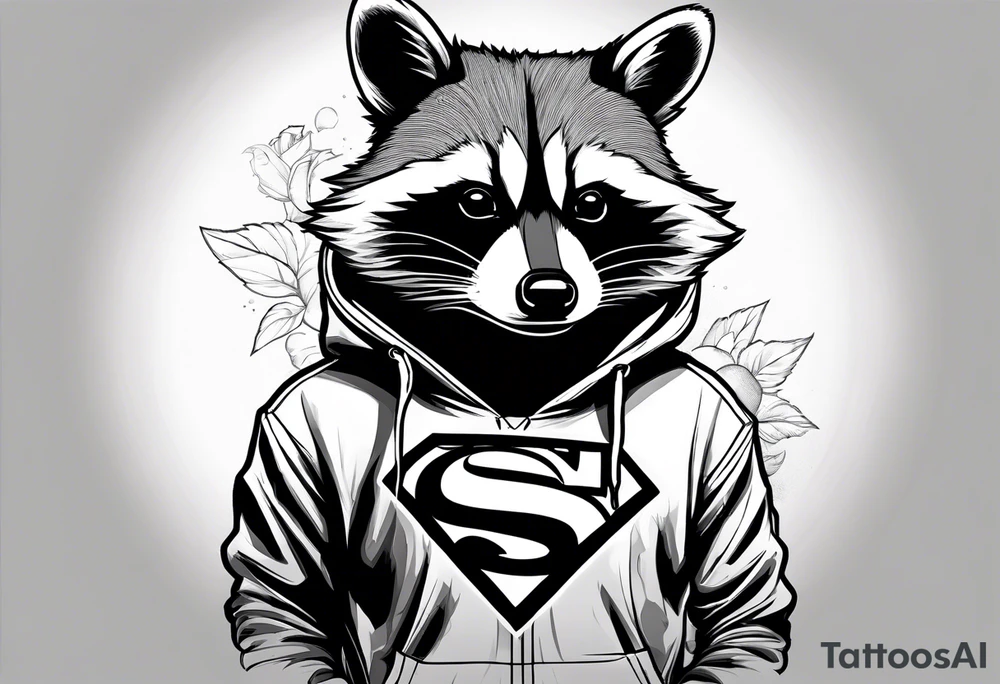 raccoon wearing a Superman hoodie tattoo idea
