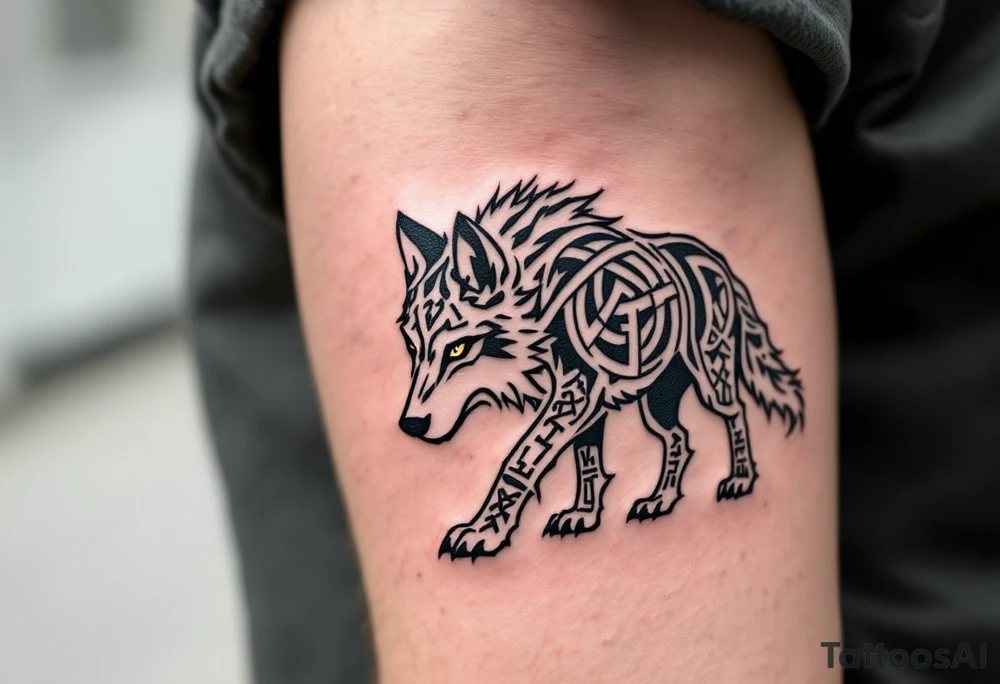 Celtic Wolf with Ogham Script – Gray wolf walking forward, Celtic knots along its spine, and ancient Ogham runes in dark brown along its legs. tattoo idea
