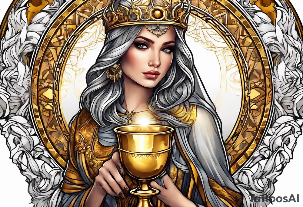woman holding chalice surrounded by golden halo tattoo idea
