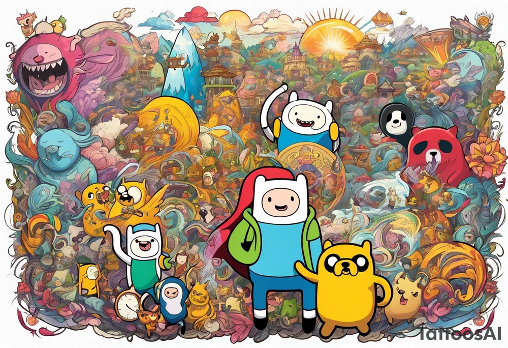 Full sleeve with adventure Time Characters tattoo idea