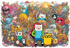 Full sleeve with adventure Time Characters tattoo idea