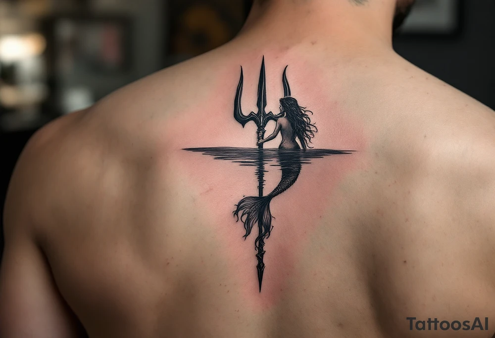 trident half way under calm water with mermaid tattoo idea