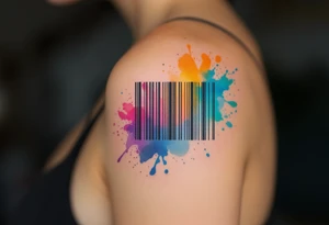 A barcode with rainbow-colored streaks blending into watercolor splashes, symbolizing diversity, creativity, and self-expression. tattoo idea