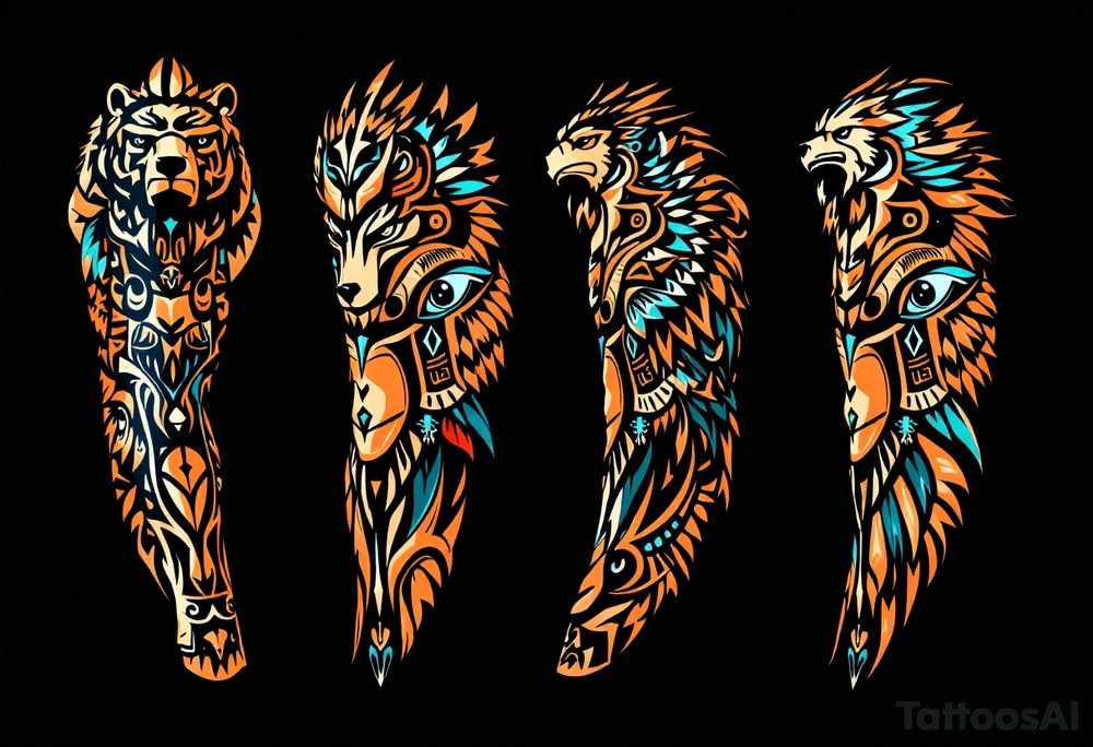 A totem of four animal totems (bear, wolf, eagle, buffalo) in earth tones, representing the medicine wheel. tattoo idea