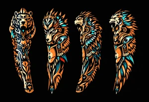 A totem of four animal totems (bear, wolf, eagle, buffalo) in earth tones, representing the medicine wheel. tattoo idea
