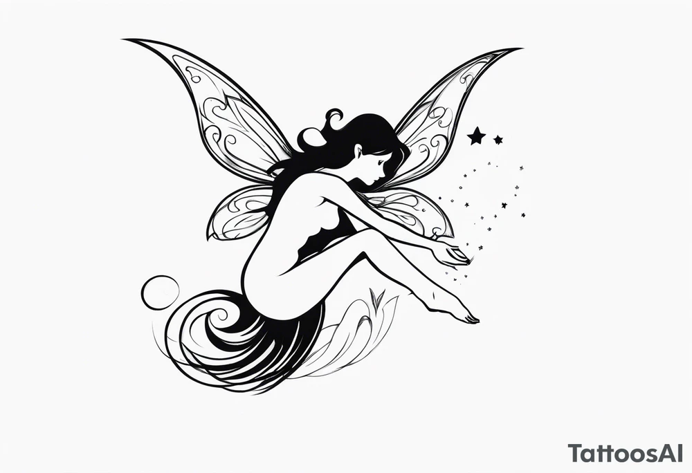 Minimalistic, monochromatic fairy with a tail flying to the left in a fetal position, leaning and looking in the same direction, with visible hands, embodying the 'Fairy Tail' logo aesthetic. tattoo idea