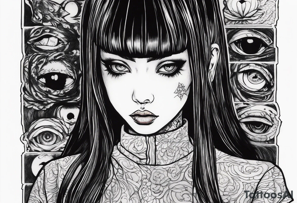 portrait of tomie a character by the horror author junji ito full body standing menacingly.  a mole below her left eye.  add more horror and gore elements tattoo idea