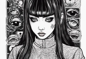 portrait of tomie a character by the horror author junji ito full body standing menacingly.  a mole below her left eye.  add more horror and gore elements tattoo idea