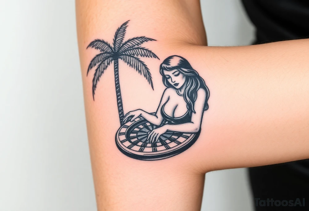 palm tree beach background gambler miami girl roulette on forearm tattoo idea