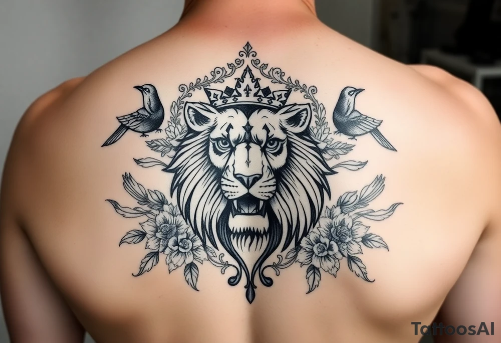 powerful majestic lion with a crown, surrounded by floral ornaments and birds tattoo idea