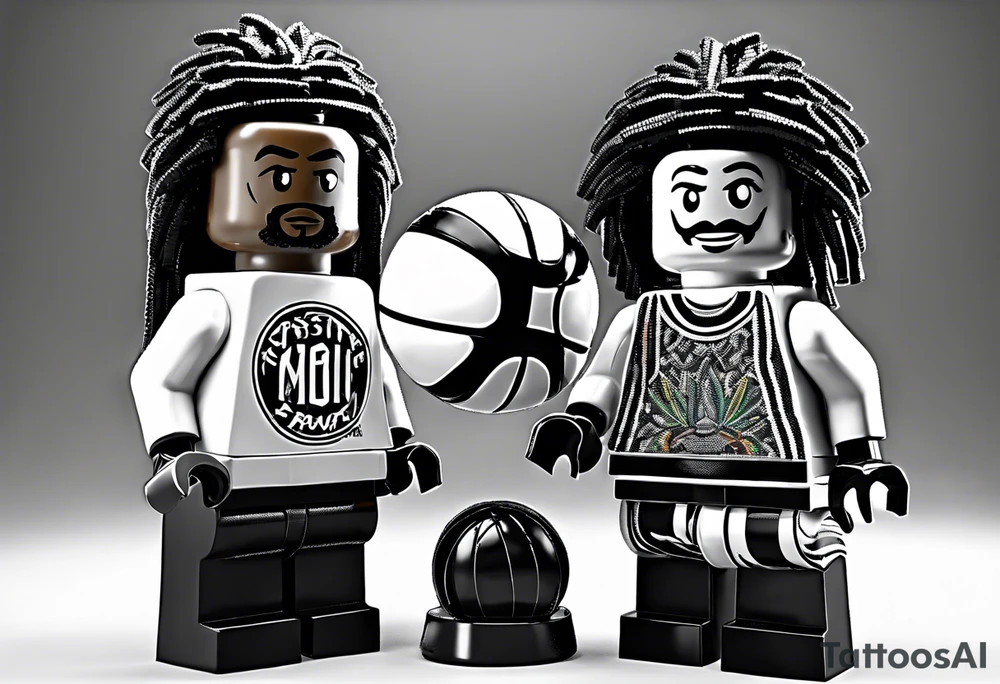 2 Lego figures in one scenery, one of them will be a Rastaman who is looking at the other one dribbling a basketball tattoo idea