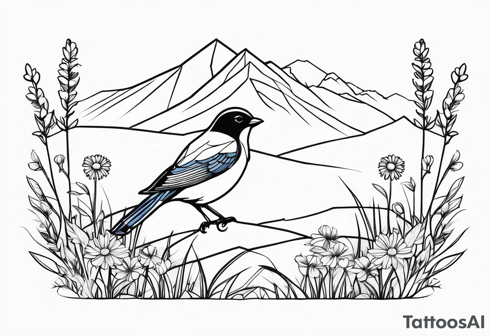 Geometric Black and white blue bird outline sitting in grass and daisys with mountains in the background tattoo idea