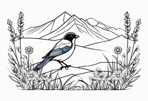 Geometric Black and white blue bird outline sitting in grass and daisys with mountains in the background tattoo idea
