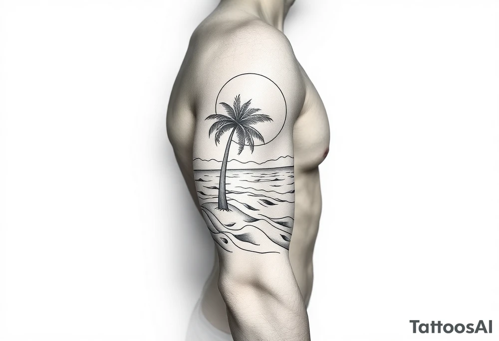 fine line, peaceful, serene, timeless, ocean, sand, palm tree, sun tattoo idea