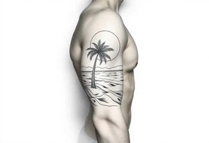 fine line, peaceful, serene, timeless, ocean, sand, palm tree, sun tattoo idea