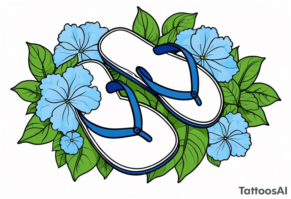 small tattoo of a single pastel blue flip flop surrounded by blue and periwinkle hydrangea flowers with green leaves tattoo idea