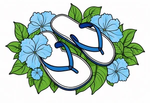 small tattoo of a single pastel blue flip flop surrounded by blue and periwinkle hydrangea flowers with green leaves tattoo idea