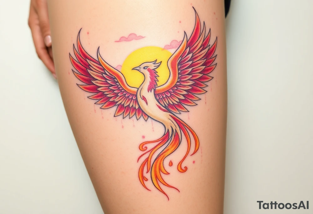 magnificent phoenix rising from flames with trailing embers pinks golds orange and yellows with a golden sunset and sky with puffy clouds and heaven backdrop tattoo idea