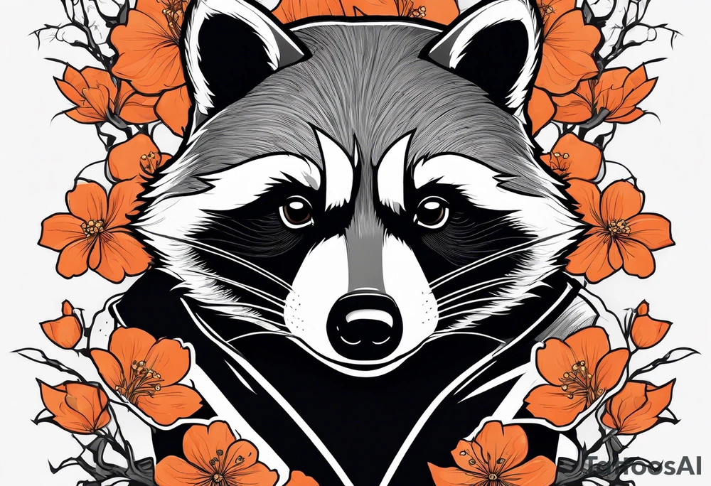 Raccoon wearing a white Superman logo on a black hoodie and orange Japanese cherry blossoms beside tattoo idea