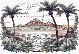 Gradual transition in a line from evergreen trees to Joshua trees to palm trees to a Hawaiian beach tattoo idea