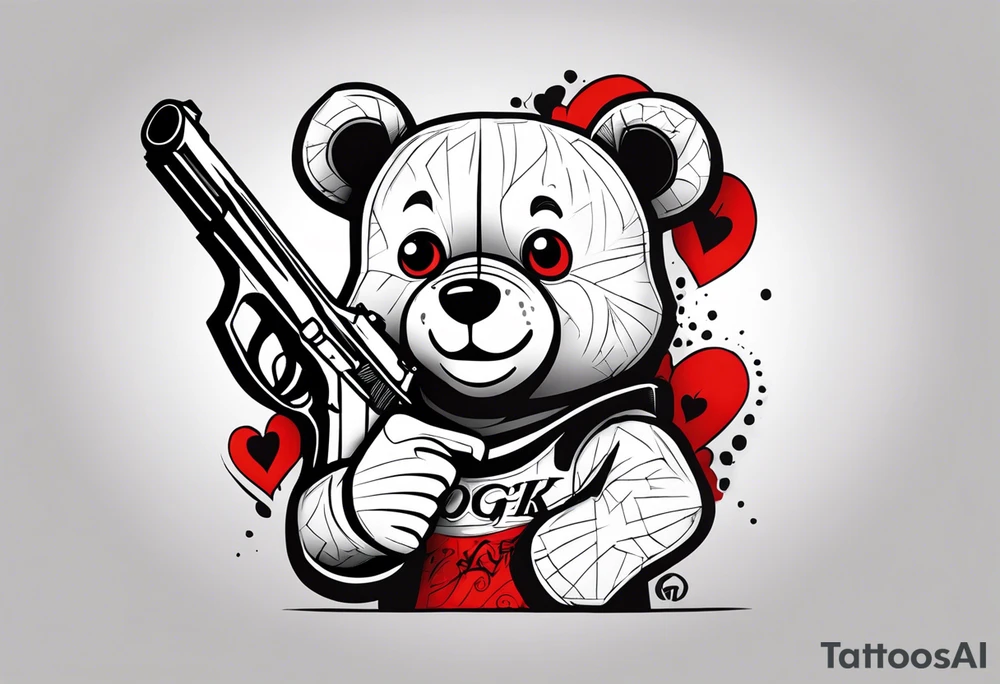 Teddy Baer wit red eyes and Glock 19 in the right hand and putting up 4s wit left hand standing tattoo idea