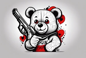 Teddy Baer wit red eyes and Glock 19 in the right hand and putting up 4s wit left hand standing tattoo idea