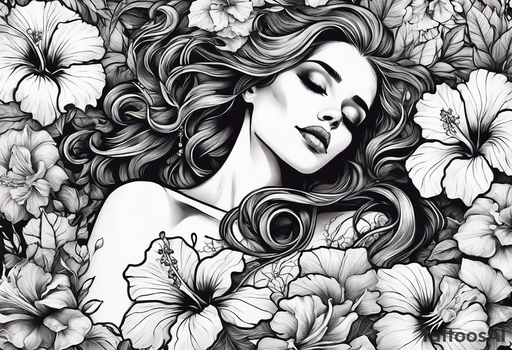 a  female skeleton of bones laying in a bed surrounded by hibiscus flower. tattoo idea