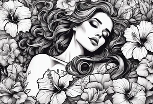 a  female skeleton of bones laying in a bed surrounded by hibiscus flower. tattoo idea