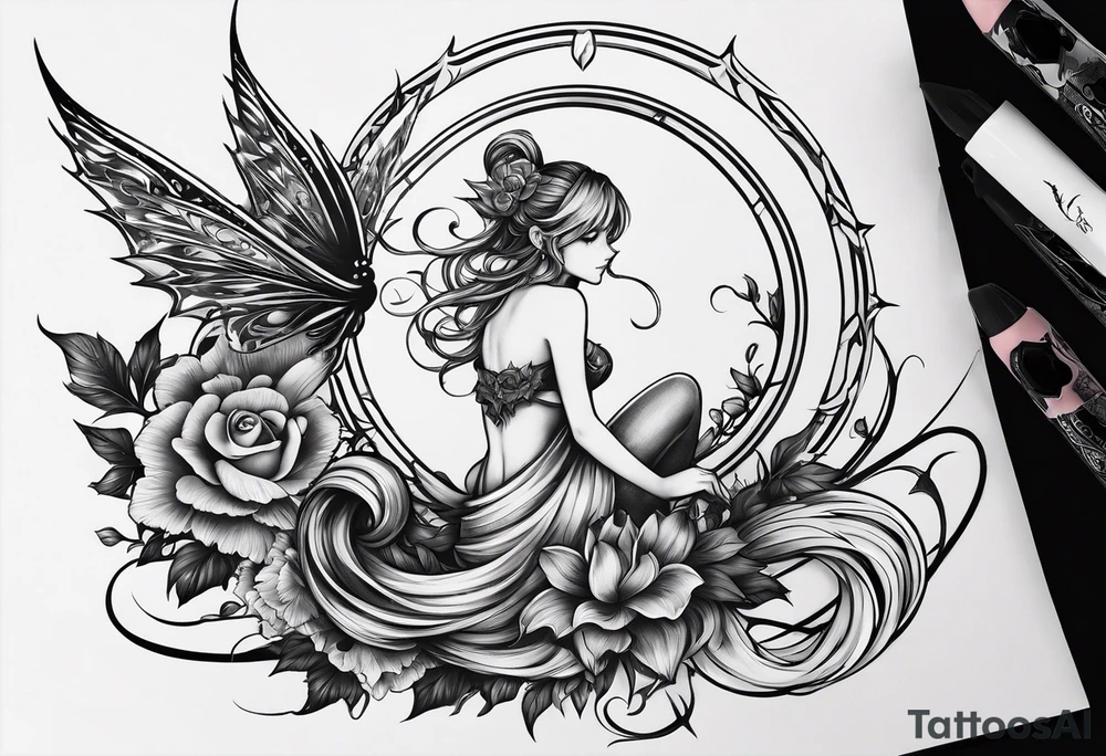 A fairy with a tail inspired by the logo of the show called Fairy Tail in a fetal position leaning in tattoo idea